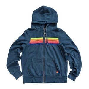 Aviator Nation 5 Stripe Rainbow Zip Hoodie Charcoal Grey Womens Medium USA Made